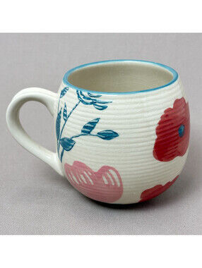 At Home Coffee Mug Red Floral Teal Leaves Ribbed Crackle Glaze Bulbous Cup